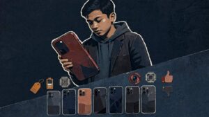 Ilustrasi kolase deretan smartphone flagship dengan label harga di tengah suasana hujan Kota Bogor