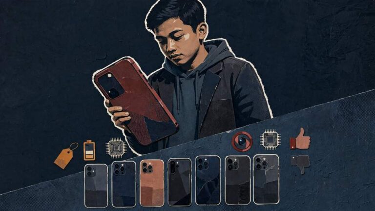 Ilustrasi kolase deretan smartphone flagship dengan label harga di tengah suasana hujan Kota Bogor